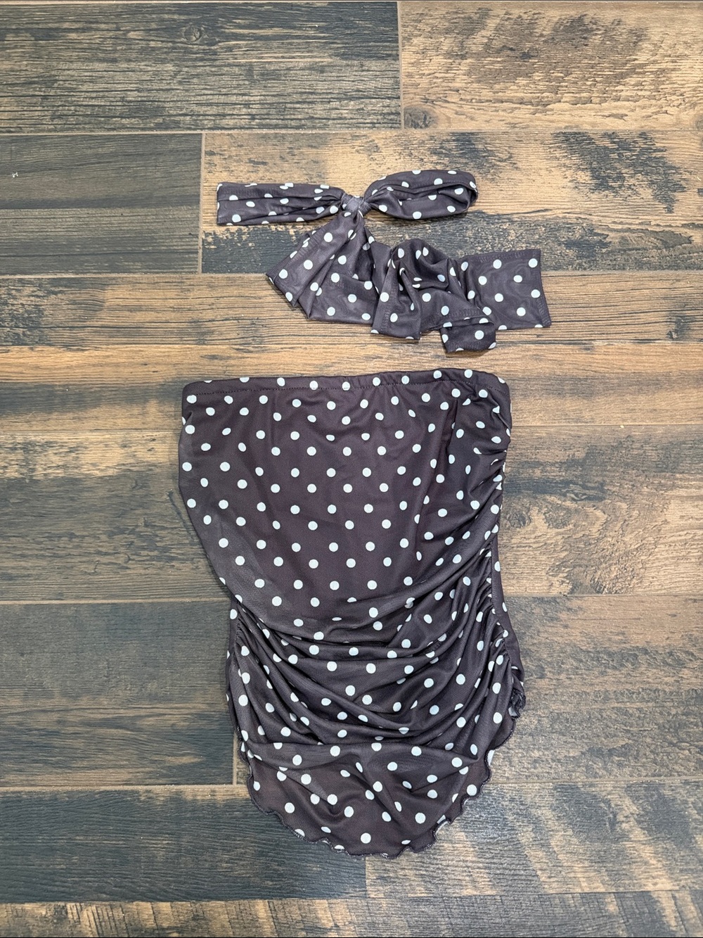 ROMWE Black Polka Dot Strapless Ruched Tube Top with Matching Neck Scarf